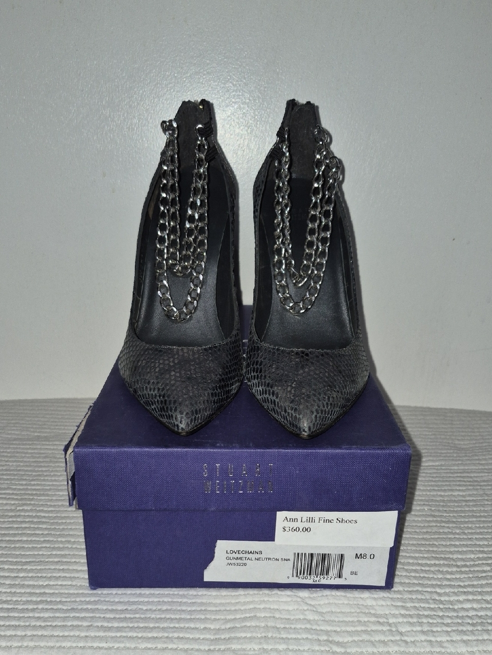 Stuart Weitzman Black Textured Pointed-Toe Pumps with Silver Chains